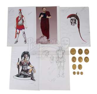 ALEXANDER (2004) - Lot 9 - Hand-Drawn Alexander (Colin Farrell) Costume Sketches, Printed Character Concept Designs, and Gold Coins