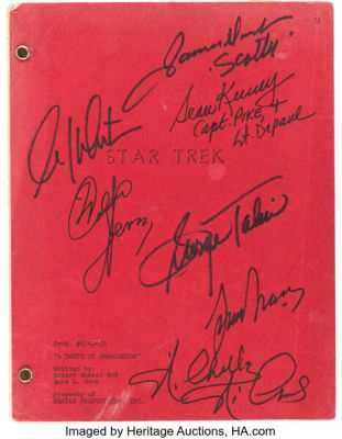 Star Trek: The Original Series (Paramount TV, 1966-1969), Herb Solow Personal Revised Final Draft Screenplay from Episode "A Taste of Armageddon" Signed by William Shatner, Leonard Nimoy, George Takei, Nichelle Nichols, Walter Koenig, James Doohan, and Sean Kenney.