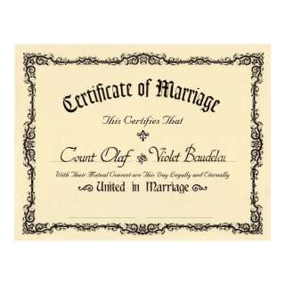LEMONY SNICKET‘S A SERIES OF UNFORTUNATE EVENTS (2004) - Lot 879 - 879. Count Olaf‘s (Jim Carrey) and Violet Baudelaire‘s (Emily Browning) Incomplete Marriage Certificate