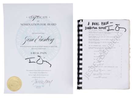 A REAL PAIN (2024) - Lot #850 : Jesse Eisenberg‘s Signed Personal Script and "Best Screenplay" Nomination Letter