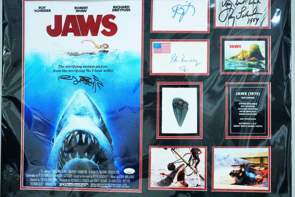 Lot 118 - Jaws (1975) Signature and Fossil Shark Tooth Display | GWS Auctions