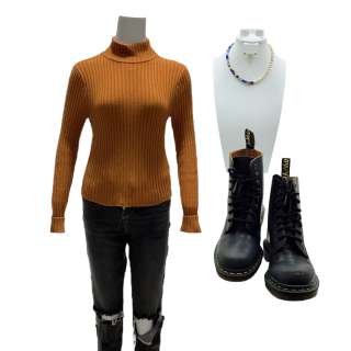 Landscape with Invisible Hand Chloe Marsh’s Kylie Rogers Long Sleeve, Turtleneck Sweater , Zip-Front Pants, Earrings, Necklace & Lace-up Boots | VIP Fan Auctions
