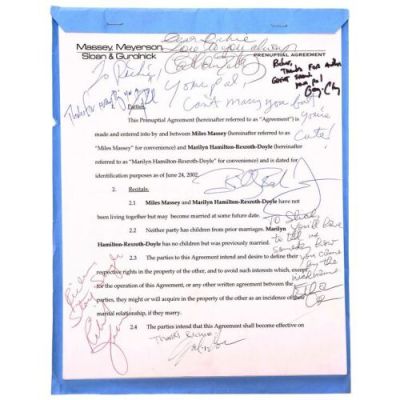 INTOLERABLE CRUELTY (2003) - Lot #886 : Miles Massey (George Clooney) and Marylin Hamilton-Rexroth-Doyle‘s (Catherine Zeta-Jones) Prenuptial Agreement Signed by Key Cast and Crew