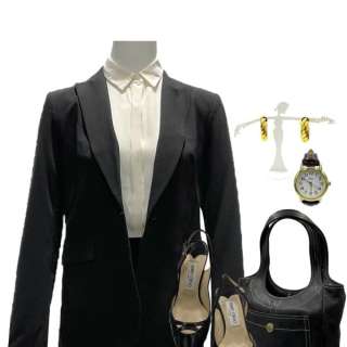 Lot #12: Beau is Afraid Elaine Bray Parker Posey Screen Worn Skirt Suit, Shirt, Earrings, Watch, Bag & Heels Ch 1 Sc 52