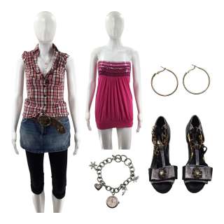 Saltburn Annabel (Sadie Soverall) Screen Worn Belt, Earrings, Necklace W/ Pendant, Necklace W/ Charms, Checkered Shirt, Skirt, Leggings, Watch, Platform Heels & Strapless Shirt Ch 1-11 Sc 6,9,41-42,43pt | VIP Fan Auctions