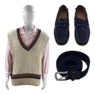 Lot #226: Saltburn Felix Catton (Jacob Elordi) Screen Worn Woven Belt, Deck Shoes, Shirt & Jumper Vest Ch 9 Sc 22pt1