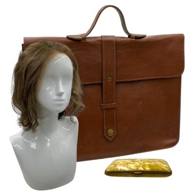 Hedda Eileen Lovborg Screen Used Leather Bag, Empty Cigarette Case & Light Brown Wig (Wet) | VIP Fan Auctions