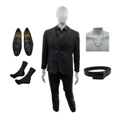 Lot 129: Crime 101 Ben Haddad Screen Worn 2pc Suit, Button-Up Shirt, Dress Shoes, Belt, Socks, Necklace & Bracelet Ch 1 Sc 3-46 | VIP Fan Auctions