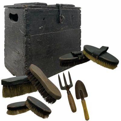 Lot 36: Wuthering Heights Joseph (Ewan Mitchell) Production Used (4) Horse Brushes, (2) Brushes, Hand Garden Fork, Hand Garden Shovel & Box | VIP Fan Auctions