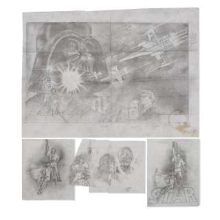 A Tom Jung original Star Wars: Episode IV - A New Hope concept artwork for the half sheet poster with additional sketches | Bonhams