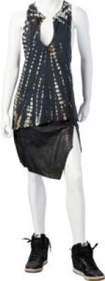 Rutina Wesley "Tara Thornton" Tank T-Shirt with Blood Splatter, Black Leather Pencil Skirt, Leather Walking Boots, and Bangle...