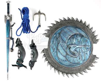 The Great Wall | Blue Crane Corps Shield with a Sheathed Sword, Daggers, and Grappling Hook | Propstore