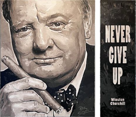 Peter Engels - ’Winston Churchill – Never Give Up” - Original Painting with separate quote - Unique, Signed, COA | Catawiki
