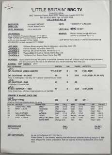 BBC TV Show Little Britain - Eight page call sheet for the filming 3rd & 4th of June 2003 for… | Ewbank’s
