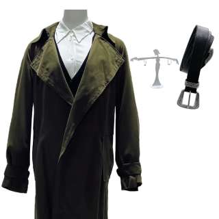 Lot #31 – Shining Girls Kirby Elisabeth Moss Screen Worn Button-Front Coat, Long Sleeve, Cardigan Sweater, Long Sleeve, Button-Front Shirt, Earrings & Belt Ep 102