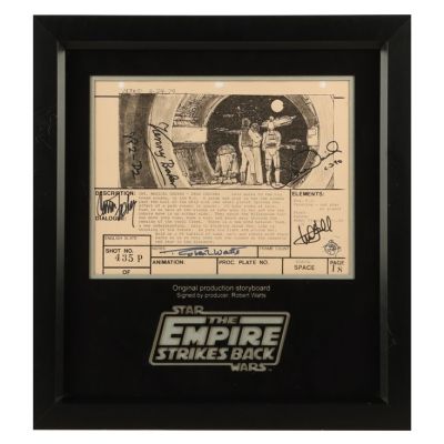 STAR WARS: THE EMPIRE STRIKES BACK (1980) - Lot #979 : Mark Hamill, Carrie Fisher, Anthony Daniels, Kenny Baker and Robert Watts-Autographed Final Scene Storyboard