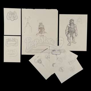 CONAN THE BARBARIAN (1982) - Lot 132 - Ron Cobb Hand-Drawn Thulsa Doom Helmet, Set Temple Guard and Standard Designs