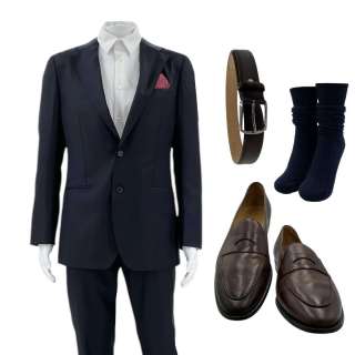 Materialists Robert (Eddie Cahill) Screen Worn Business Suit, Button-Up Shirt, Belt, Pocket Square, Socks & Dress Shoes Ch 1 Sc 4 | VIP Fan Auctions