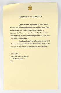 Lot 4251 - Johnny English (2003)- Printed Queen Elizabeth 11 Instrument of Abdication prop. Screen seen…