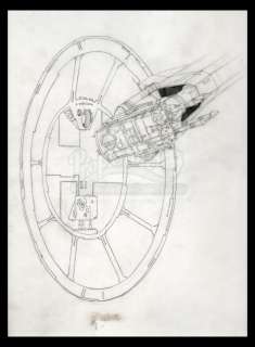 Harry Lange Auction | Hand-Drawn Exterior View of Millennium Falcon Gun Port with Laser Cannon | Propstore