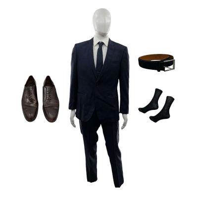 Lot 194: Crime 101 Lou Screen Worn Suit Jacket, Button-Up Shirt, Suit Pants, Dress Shoes, Belt, Tie & Socks Ch 15a Sc 159-184 | VIP Fan Auctions