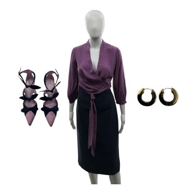 Lot 107: Crime 101 Sharon Screen Worn Blouse, Skirt, Earrings & Heels Ch 5 Sc 73 | VIP Fan Auctions
