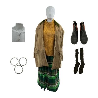 Lot 47: The Sheep Detectives Rebecca Hampstead Screen Worn Boots, Jumper, (3) Bracelet Set, Necklace, Coat, Culottes & Socks Ch 5 Sc 118-Sc118pt3 | VIP Fan Auctions