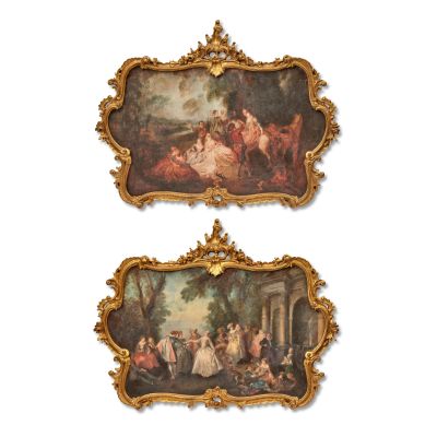 Lot 168 - After Jean-Baptiste Pater; After Nicolas Lancret Fête champêtre; Dance before a Fountain Season 2, Episode 6, ’Best Laid Schemes’, seen in the Paris ApartmentTwo photographic canvases after the 18th century originals, within gilt&hellip; | Bonhams