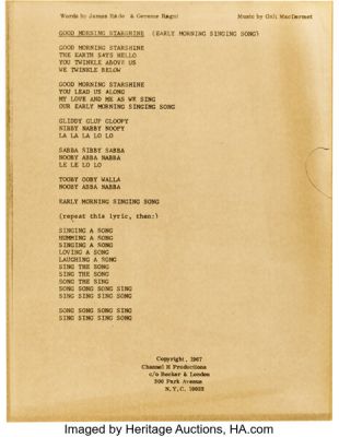 Hair: The American Tribal Love-Rock Musical (1967), Composer Galt MacDermot’s Personally Owned and Used "Good Morning Starshine" Development and Arrangement Sheet Music and Documents. | Heritage
