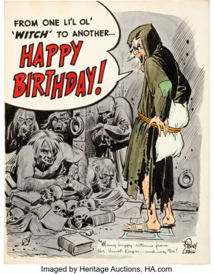 Vault Keeper Birthday Card Artwork Signed by Johnny Craig (ca. 1950s).