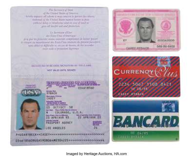 Steven Seagal "Casey Ryback" prop passport and credit cards from Under Siege....