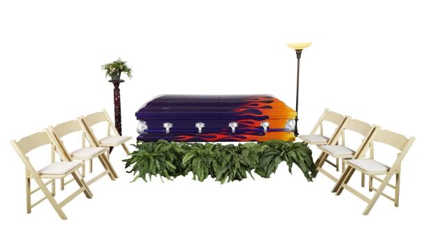 Six Feet Under - Lot #535 - Biker Casket, Torchiere Floor Lamp, Funeral Folding Chairs