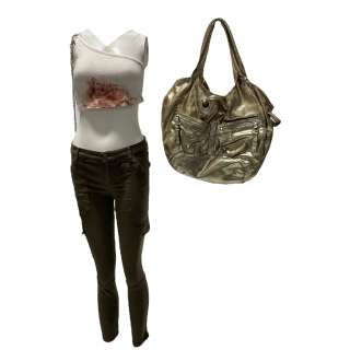 Lot #20 – Hustlers Destiny Constance Wu Screen Worn Shirt W/ Chain Pants Earrings & Purse Ch 44b Sc 161-170
