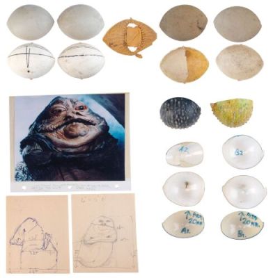 STAR WARS: RETURN OF THE JEDI (1983) - Lot #1181 : Jabba the Hutt Puppet Eye Components with Hand-Drawn John Coppinger Puppet Concept Sketches