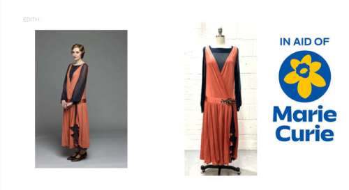 DOWNTON ABBEY Original costume. A blue and coral day-dress worn by Laura Michael as Lady Edith in… | Ewbank’s