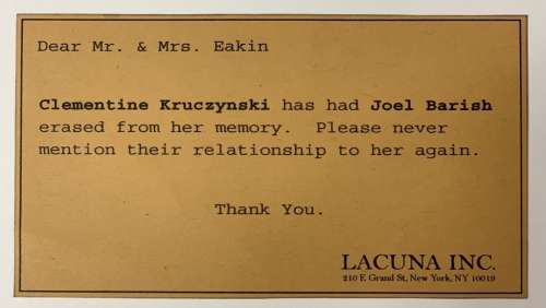 Lot 285 - Eternal Sunshine of the Spotless Mind (2004) - Lacuna Inc Card (Clamentine Erasing Joel)