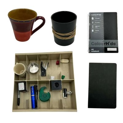 Lot 24: Play Dirty Money Room Screen Use Tray W/ Office Supplies, (2) Notebooks & (2) Mugs | VIP Fan Auctions