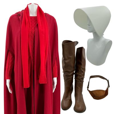 Lot #211: The Handmaid’s Tale Alma Production Worn Cloak, Sweater, Leggings, Sleeves, Scarf, Bonnet, Muzzle & Boots