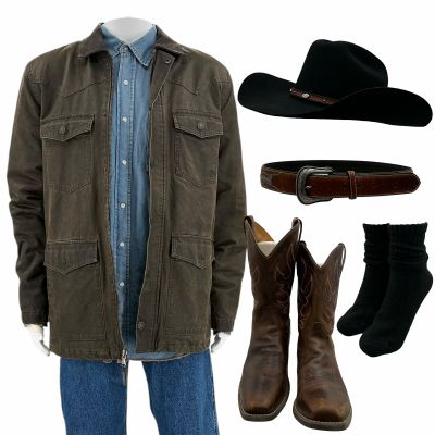 Lot 62: Poker Face Season 2 Branson (Kevin Makely) Screen Worn Coat, Button-Up Shirt, Thermal Shirt, Jeans, Cowboy Boots, Socks, Hat & Belt Ch 1 Sc Multiple Ep 212 | VIP Fan Auctions