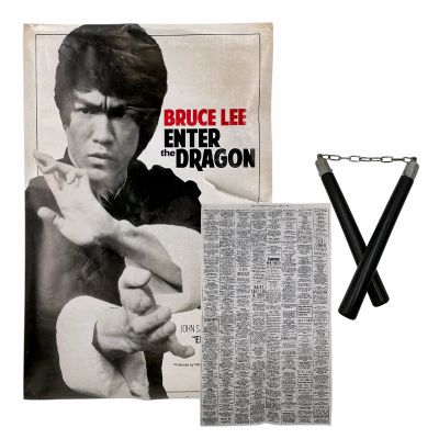 Lot 46: Tony Tony Production Used Bruce Lee Poster, Nunchuck & Newspaper | VIP Fan Auctions
