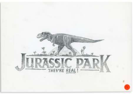 Original ’’Jurassic Park’’ Production Sketch Created in Development for the 1993 Film -- Drawing Shows a T-Rex With the Tag Line, ’’They’re Real!’’ | Nate Sanders