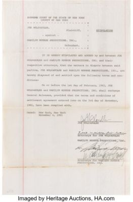 Marilyn Monroe Typed and Signed Lawsuit Settlement Document (1961). | Heritage