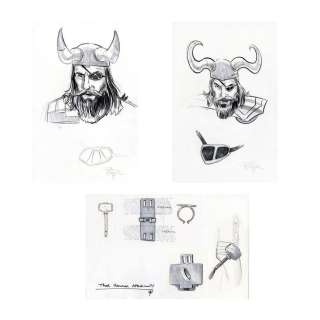 Marvel Studios‘ Thor (2011) - Lot 949 - Set of Three Hand-Illustrated Doug Brode Mjolnir and Odin Concept Artworks