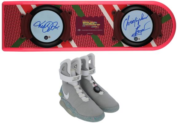 Back To The Future II Prop Replica Collection – Includes Michael J. Fox, Christopher Lloyd Dual-Signed 1:1 Scale Hoverboard (28 x 8 x 2) and 2011 Limited Edition (#/1,510) Nike MAG Light-Up Sneakers (Size 7) – Beckett | Goldin