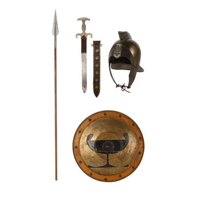 JASON AND THE ARGONAUTS (1963) - Lot #241 : Argonaut Helmet, Shield, Spear, Retractable Sword and Sheath