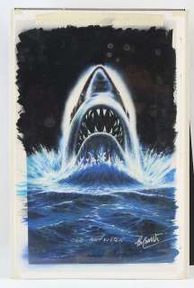Original colour artwork by Brian Bysouth, gouache on board showing a great white shark for a ’Jaws’… | Ewbank’s