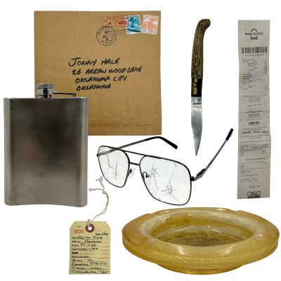 Lot 33: The Wrecking Crew Walter Hale Production Used Stainless Steel Flask, Receipt, Envelope, Glasses, Toe Tag, Prop Rubber Knife & Ashtray | VIP Fan Auctions