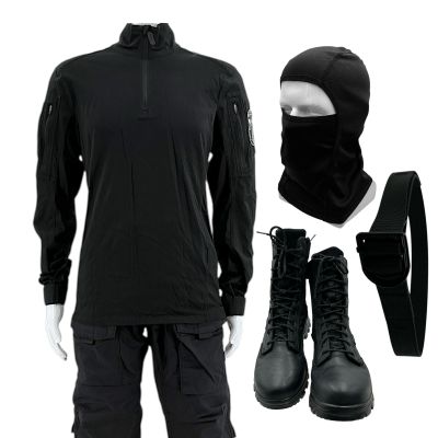 Lot 47: Mercy Front Gate Mercy Guard Screen Worn Long Sleeve Shirt, Pants, Balaclava, Belt & Boots | VIP Fan Auctions