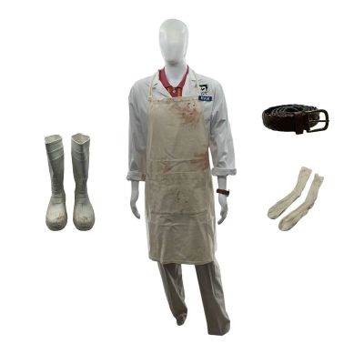 Lot 8: The Sheep Detectives Ham Gilyard Screen Worn Boots, Belt, Shirt, Lab Coat, Pants, Socks, Watch & Apron Ch 6 Sc 84a-84m | VIP Fan Auctions