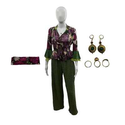 Lot 46: The Sheep Detectives Beth Pennock Screen Worn Headscarf, Blouse, Trousers, 3 Piece Ring Set, Necklace & Earrings Ch 1a Sc 8-9pt2 | VIP Fan Auctions